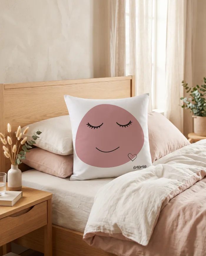 Le coussin Émomio de l'amour, visage rose aux cils fermés avec un petit cœur, posé sur un lit aux draps roses dans une chambre lumineuse.