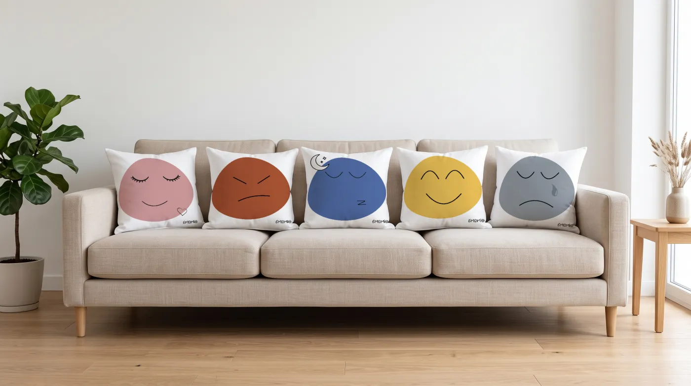 Les cinq housses de coussin Émomio alignées sur un canapé beige : amour rose, colère orange, fatigue bleue, joie jaune et tristesse grise.