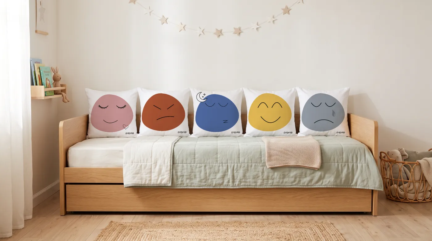 Les cinq housses de coussin Émomio alignées sur un lit d'enfant en bois : amour rose, colère orange, fatigue bleue avec une lune, joie jaune et tristesse grise avec une larme.