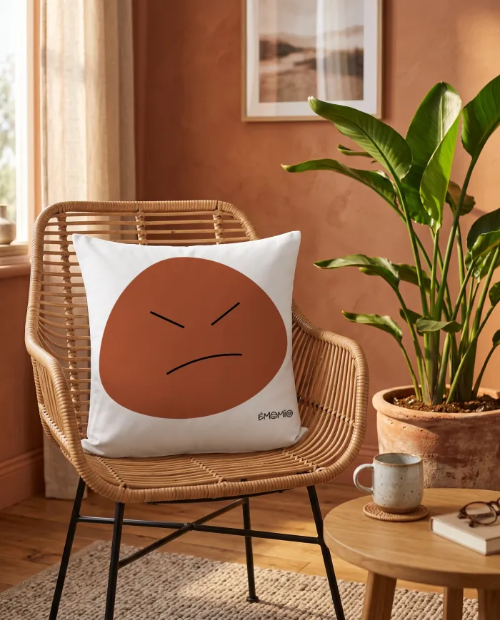 Le coussin Émomio de la colère, visage orange aux sourcils froncés, posé sur un fauteuil en rotin à côté d'une grande plante.