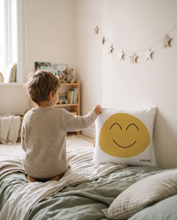 Un enfant de dos, assis sur son lit, pose la main sur le coussin Émomio jaune au visage souriant.