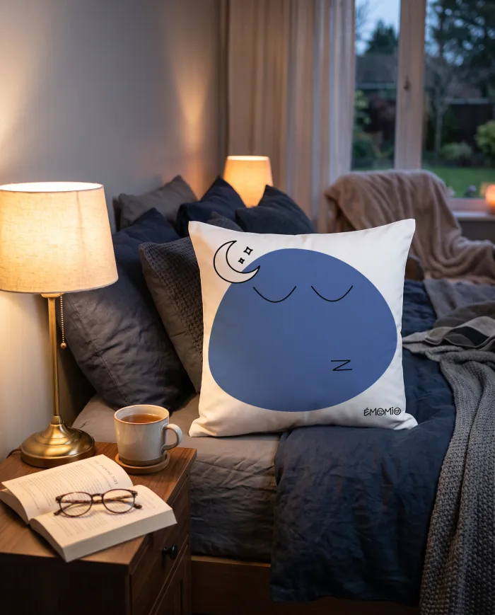 Le coussin Émomio de la fatigue, visage bleu aux yeux fermés avec une lune, posé sur un lit le soir, près d'une lampe de chevet allumée.