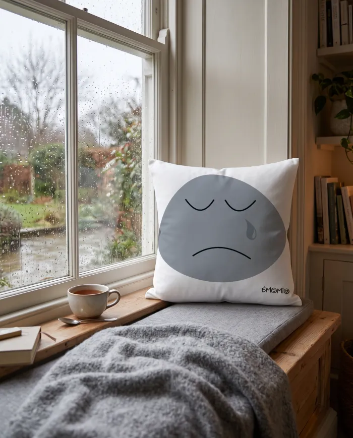 Le coussin Émomio de la tristesse, visage gris avec une larme, posé sur un banc de fenêtre un jour de pluie, à côté d'une tasse de thé.