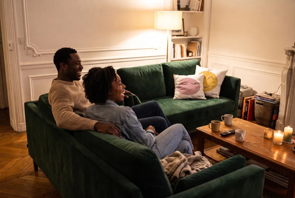 A couple chats on a green velvet sofa in the evening; at the other end, the Émomio Love and Joy covers.