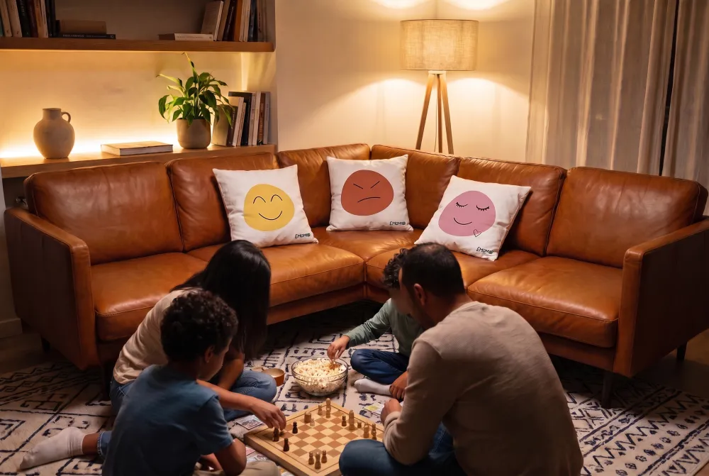 A family plays on a rug in front of a leather sofa holding the Émomio Joy, Anger and Love covers.