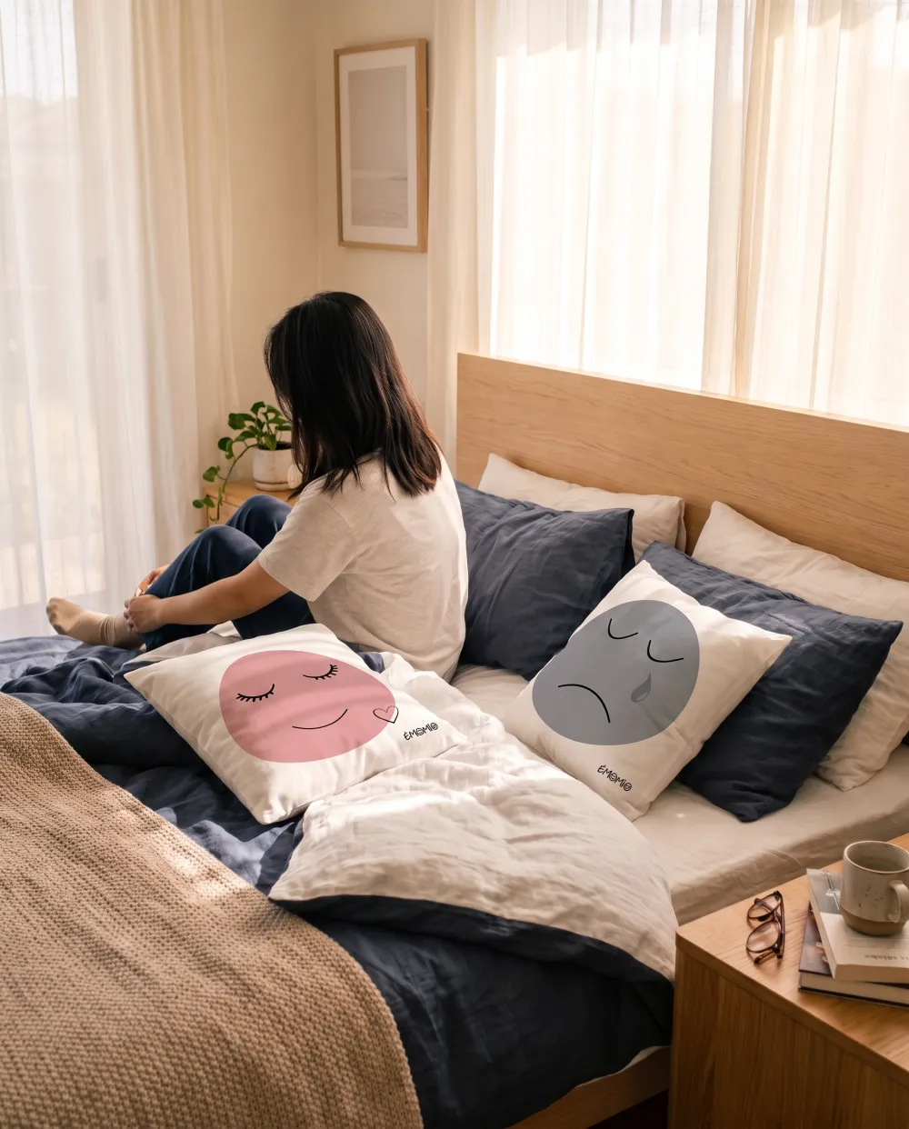 A bright bedroom in the morning, with the Émomio Love and Sadness covers on the bed.