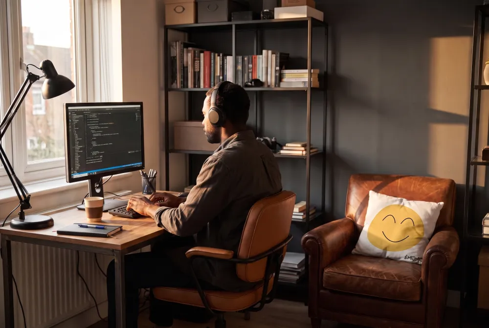 A man works at his desk; next to him, the Émomio Joy cover sits in a leather armchair.