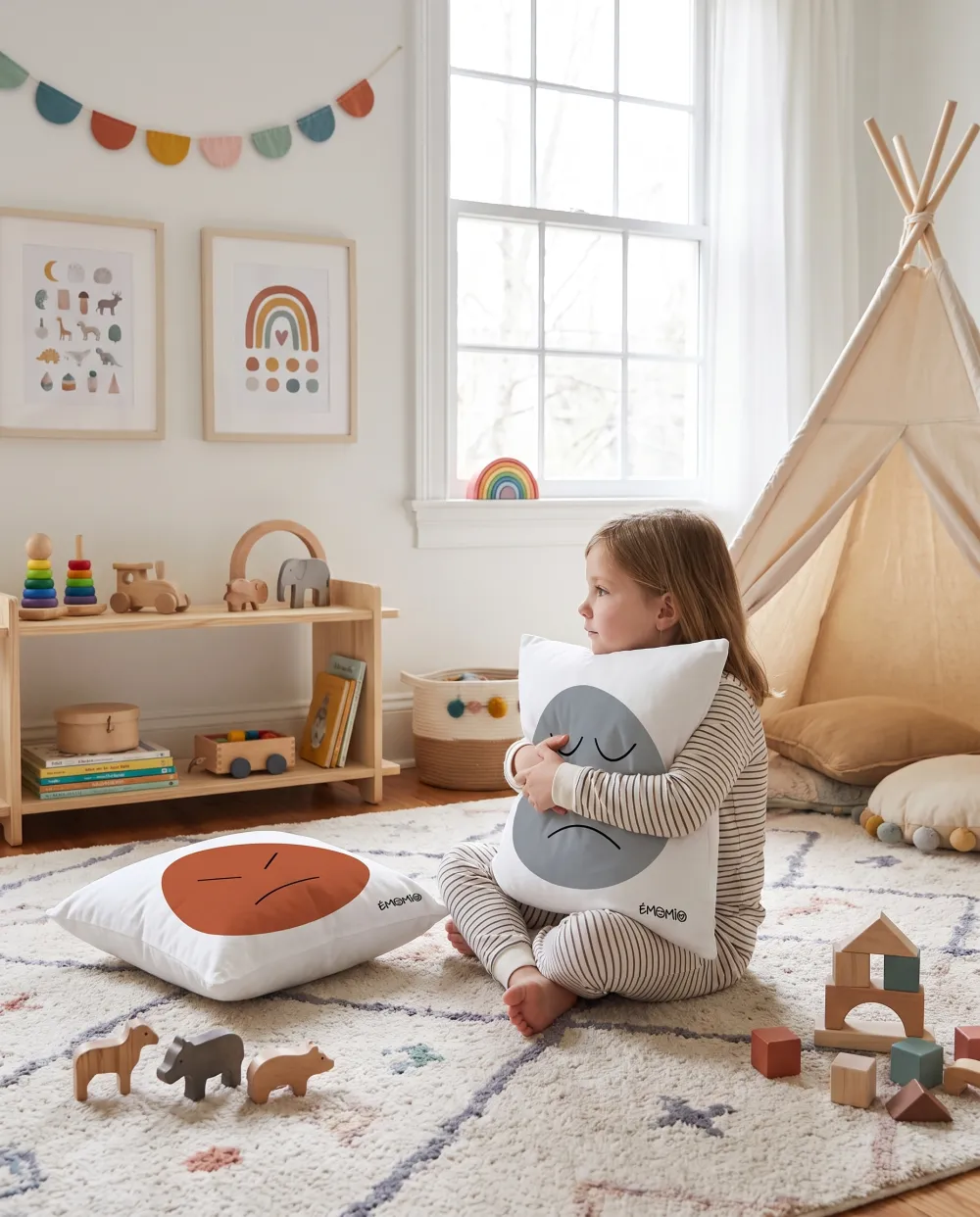 A little girl hugs the Émomio Sadness cover in her bedroom; the Anger cover lies on the rug.