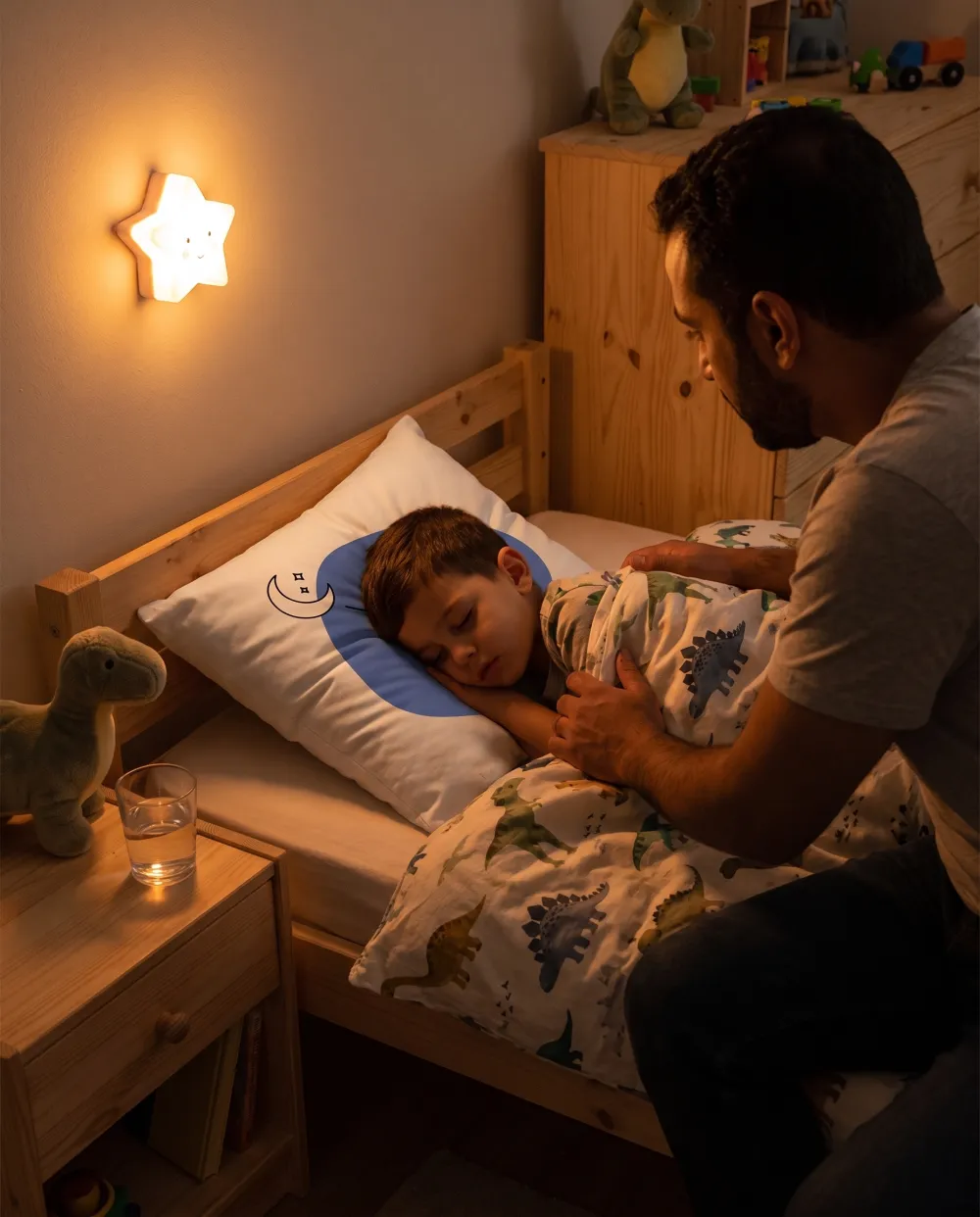 A dad tucks in his sleeping son, whose head rests on the Émomio Tiredness cover.